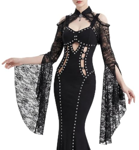 MAOFENG Women's Gothic Lace Bolero Shrug Victorian Long Sleeve Corset Top Goth Crop Top for Witch Vampire Cosplay Masquerade Carnival Party, Collarbone Necklace L