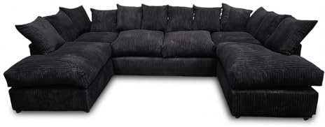 3pc Ushape Sofas - Bishop U Shaped Modular Settee - Upholstered Jumbo Cord U Shape Cloud Couch - Sectional 6 7 Seater Couches - Soft Fabric U Shape Sofa for Living Room (Black, 3pc U Shape Sofa)