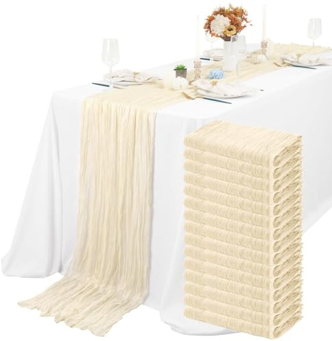 Lot de 15 chemins de table en étamine, semi-transparents, style bohème, rustique, décoration de table pour fête prénuptiale, fête de mariage, vacances - Ivoire - 55 x 300 cm