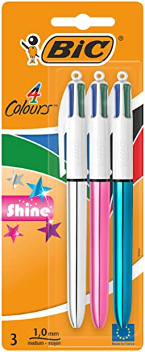 Bille Rétractables Pointe BIC 4 Couleurs Shine StylosMoyenne (1,0 mm) - Couleurs aléatoire (Argent/Bleu/Rose/Violet) Métallisés, Blister Format Spécial de 3