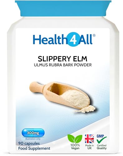 Health4All Slippery Elm 300mg 90 Capsules, Digestive Health & Acid Reflux Support. Vegan Digestive Support Supplement, Ulmus Rubra Inner Bark Powder, Stomach Soothe, Gluten Free | Made in UK
