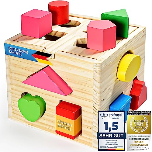 all Kids United® Steckwürfel aus Holz-Würfel Lernspielzeug-Puzzle Steckbox Spielbox für Baby & Kleinkind; Holz-Spielzeug trainiert Motorik; Förderung von Formerkennung und Konzentration (Steckbox)