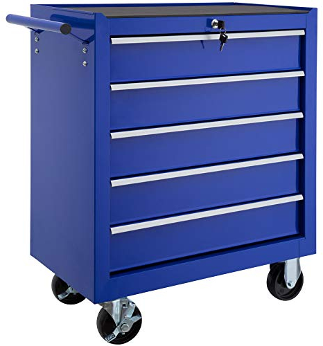 tectake® Werkzeug Wagen mit 5 Schubladen, Werkstattwagen, Tool Werkzeugwagen fahrbar, Werkzeugtrolley, Werkzeugkiste groß, Werkzeugkoffer leer, Stahlschrank - blau