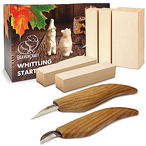 BeaverCraft Holzschnitzset für Kinder & Erwachsene - Holz Schnitzwerkzeug S16 mit Schnitzmessern Linde Holz-Blöcken zum Schnitzen, Hobby Schnitzmesserkit - Schnitzmesserset für Anfänger