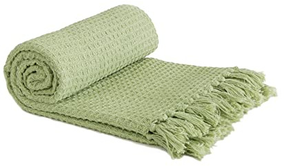 Emma Barclay Manta para sillón y sofá Honeycomb, algodón reciclado, lisa, textura gofrada, en verde pistacho, 70 x 100 (177 x 254 cm)