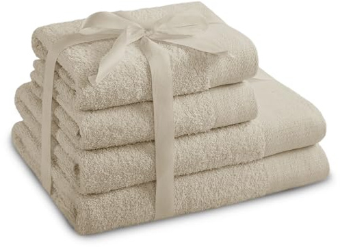 AmeliaHome Handtuch Set Beige 2 Handtücher 50x100 cm und 2 Duschtücher 70x140 cm 100% Baumwolle Qualität Saugfähig Cappuccino Amari