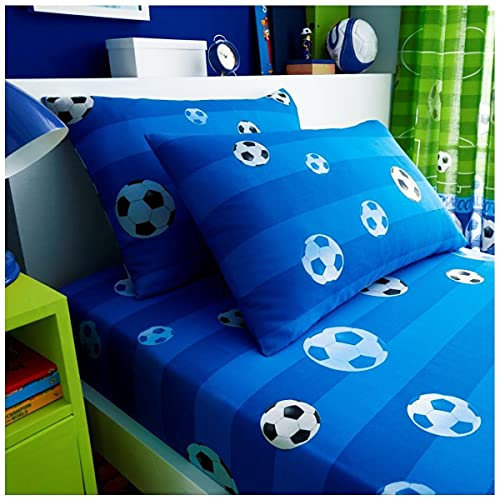GC GAVENO CAVAILIA Kids Football Fitted Sheet Single Bed, Breathable Blue Goal Bedding, Easy Fit Toddler Foot Ball Bedsheets