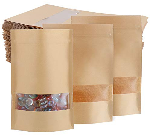 TsunNee - 60 sacchetti per alimenti in carta kraft, autoreggenti, con chiusura lampo, riutilizzabili, buste per imballaggio alimentare di carta marrone con finestra trasparente, 17 x 24 cm