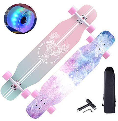 43 Longboard Skateboard Double Kick Concave Deck Skateboard, 7 Kanadische Schichten Ahornholz Tanzbrett mit LED PU Rädern für Kinder Teenager & Erwachsene Anfänger,Deer, HSGAV