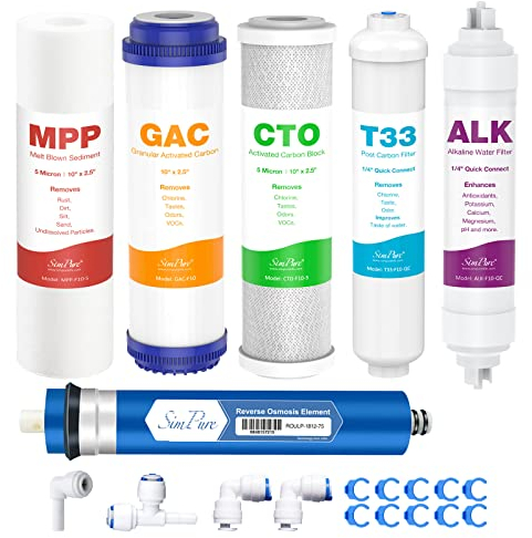 SimPure SP5-RO75 6-Stage 10 Reverse Osmosis Replacement Filter Set with Alkaline Mineral Filter, Complete Set for 75 GPD Standard 6-Stage Reverse Osmosis RO Water Filtration Systems, 6 Pieces
