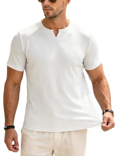 Muscle Cmdr herr slim fit långärmad tröja V-ringning, långärmad och kortärmad sport casual t-shirt muskel träning topp undertröjor, 0/vit-kortärmad, S