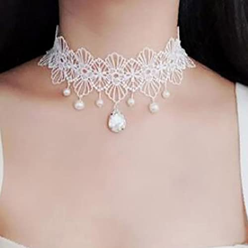 TseenYi Lace White Choker Necklace - Vintage Lace Wide Choker with Pearl Tassel - Women's & Girls' Cocktail Party Jewelry