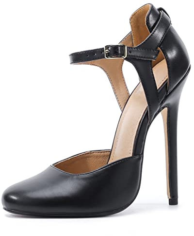 Yinghesheng Femme Escarpins 15cm Talon Aiguille Sandales Patent Cuir Talons Hauts Bride Cheville Boucle High Heels,Noir,45 EU