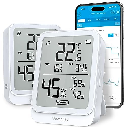GoveeLife Bluetooth Digitales Thermometer Hygrometer Innen, 2 Stück | Luftfeuchtigkeitsmesser con Taupunkt/VPD, App Benachrichtigungsalarm, Datenspeicherung für Zuhause Gewächshaus Weinkeller