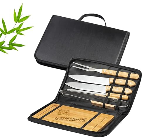 Grill-Utensilien-Set zum Personalisieren mit Gravur – echtes Grill-Set aus Bambus und Edelstahl [Grillzubehör] (Set 6 Zubehör)