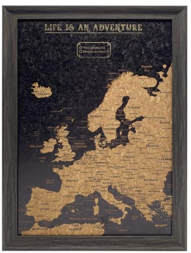 Splosh Kleine Europa-Reisekarte mit 100 Pins - Schwarz | Gerahmte Kork-Pinnwand mit 100 Pins in 2 Farben zum Markieren vergangener und zukünftiger Abenteuer.