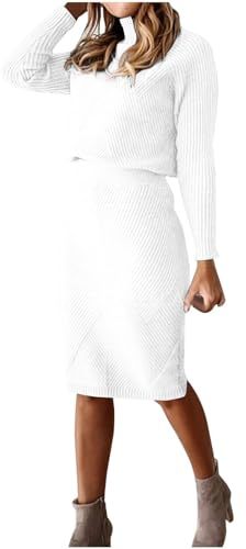 CheJooe Damen Zweiteiliges Set Dekoration High Neck Kurz Top und Hüfte Wickelrock Gerippt Strickrock Set Langarm Sweater Elegant Strickset Y2K Street Casual Wear, 02 Weiß, M