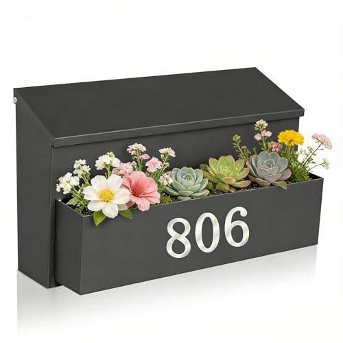 Ydocabinit Wall Mount Mailbox, Large Capacity for House, Outside, with 3 Sets of 0-9 Number Stickers & Flower Planter, Galvanized Steel Rust-Proof Metal Post Drop Box, 15.74×9.84×6.41 Black