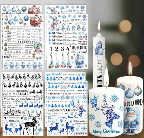 8x Kerzentattoos Weihnachten Wasserschiebefolie Blau Tattoo Wassertransferdruck Merry Christmas Kerzensticker für Tasse DIY-7*8.7zoll (Blau)