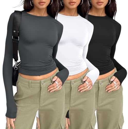 AUTOMET 3 Pack Womens Long Sleeve Crop Tops Basic Fitted T Shirts Slim Fit Crew Neck Y2K Layering Tees Black White Gray M