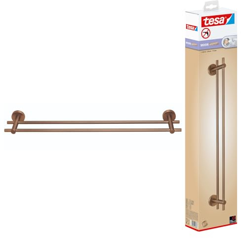 tesa Moon Bronze Doppel-Handtuchstange in gebürsteter Bronze - Selbstklebender Handtuchhalter mit 2 Stangen - aus PVD-beschichtetem Metall - ohne Bohren, inkl. Klebelösung - 640mm x 49mm x 115mm