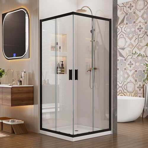 Sunrosa Corner Sliding Shower Enclosure 36 x 36 x 76, Tempered Glass 1/4 in. Double Sliding Shower Door, Corner Shower Door Black