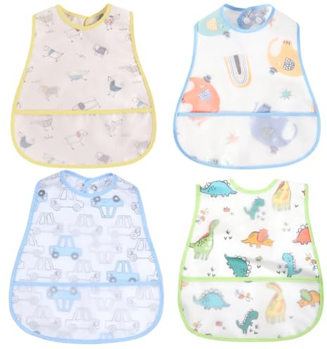 norinori Lätzchen Baby Kleinkind Wasserdicht Kurzarm Fütterung Schürze Mit Eingebauter Tasche für 6-48 Monate Jungen Mädchen/Kleinkinder