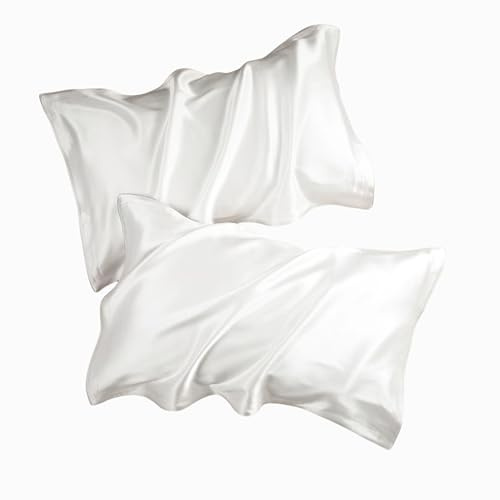 Federa in seta di gelso 2 PEZZI, federe in seta pura naturale per capelli e pelle, federe ipoallergeniche morbide, lisce e traspiranti per dormire, taglia standard 48 x 74 cm (bianco)