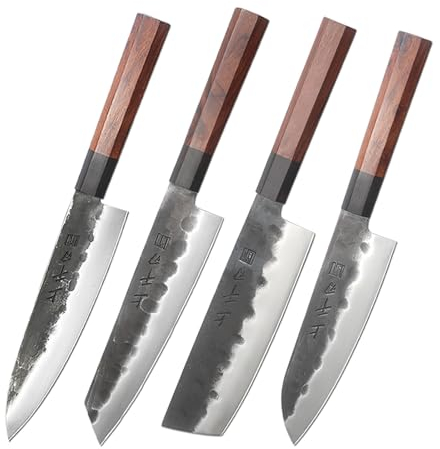 FBITE Coltello da cucina in stile giapponese 1-4 Set Chef Coltello Santoku forgiato a mano in acciaio inossidabile 5CR15 Manico ottagonale in palissandro Carne Cleave