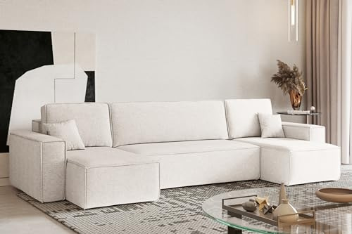 Kaiser Möbel, Ecksofa mit schlaffunktion, mit Bettkasten, Schlafsofa Best, Designer U-Form Sofa, Modern Design Couch, Polsterecke, Freistehend, Stoff Neve Ecru