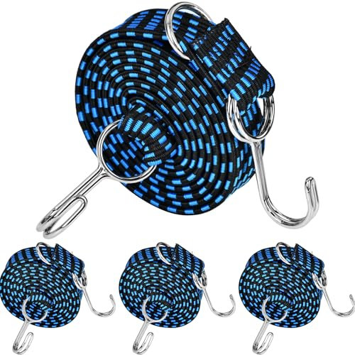 MINSHUXI 4 Stück Verstellbar Spanngummi mit Haken 200cm Expander Spanngurt mit Haken Flach Spanngurt mit Metallhaken Ideal zum Fahrrad Motorrad Autotransporter