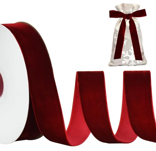 RIBBOOO Wine Red Velvet Ribbon 2.5CM x 9.14 Meter, Vintage Velvet Ribbons for Christmas Wreath Bow Decoration Craft Gift Wrapping, Valentine's Day Bouquet Packaging