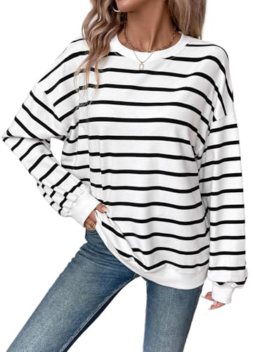 YUTILA Damen Sweatshirt Gestreift –Oversize Langarm Rundhals Pullover, Lockerer Lässig Casual Pulli Herbst und Winter