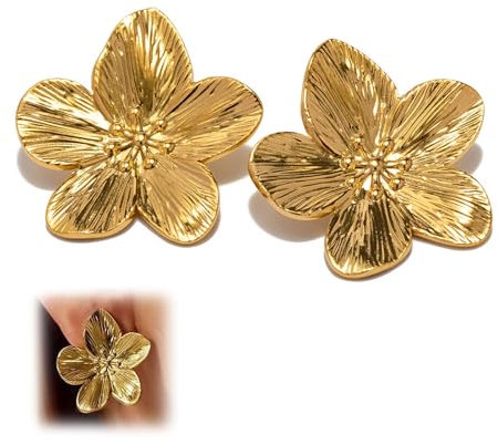 Kinretixia Große goldene Blumenohrringe, Metall-Ohrhänger mit Blütenblattmuster, übertriebener Statement-Ohrschmuck für Frauen und Mädchen Boho-Statement Blumenohrringe