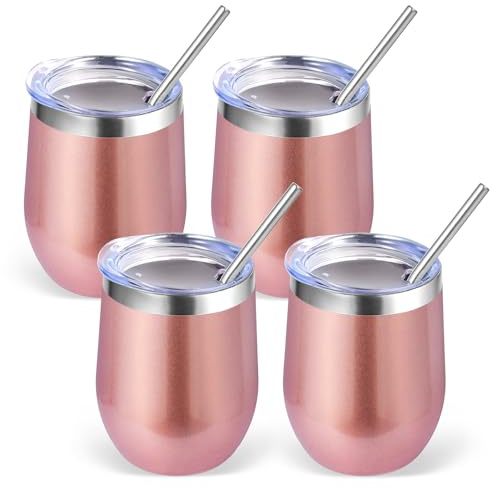 Volhoply 350 ml rostfritt stål vinglas med lock bulk 4-pack, 350 ml dubbelvägg vakuum stamlösa vinglas, metall rese kaffemugg med sugrör, isolerade koppgåvor till jul (roséguld, 4 set)