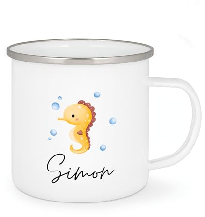 Personalisierte Emaille Tasse für Kinder - Emaille Tasse, Geschenk für Kinder, Meerestiere Designs für Kinder, Perfekt geeignet für Zuhause, Alltagsbegleiter Kids (igel) (Seepferdchen)