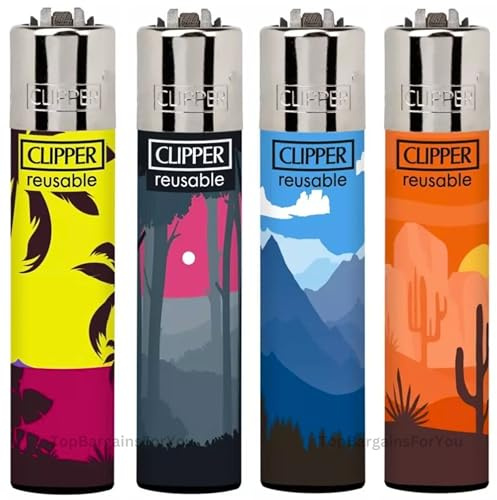 Zactly - 4 x Clipper Lighter Set Gas Refillable Windproof Lighters Standarad Size Replaceable Flint Rare Limited Edition (Natural Mix)