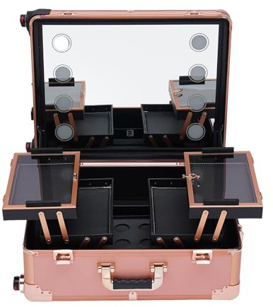 Valigetta per cosmetici, trolley con luci a LED, specchio, gambe regolabili, trucco professionale, custodia per trucco, robusta, oro rosa, oro rosa., Artistico