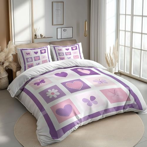 Set Copripiumino con Stampa Fiori Minimalisti a Forma di Cuore 200 x 200 cm, con Chiusura a Cerniera, per Bambino e Adolescenti, Copripiumino con Minimalismo (1 Copripiumino + 2 Federe)