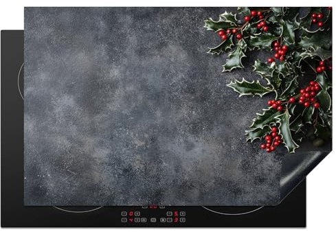 KitchenYeah© Herdabdeckplatte Einteilig Herdabdeckung Abdeckplatte für | 80x52 cm - Ceranfeld Abdeckung Induktionskochfeld Aufrollbare Matte Weihnachten - Zweige - Winter - Rot