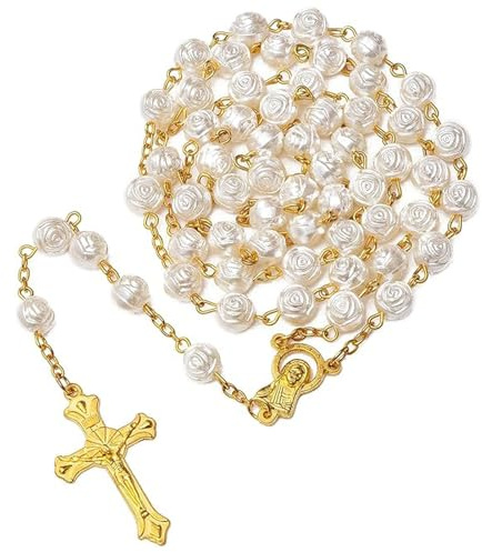 Guyode Collar Católico de Cuentas Collares Oración Sagrada con Colgante Crucifijo Medalla Cruz Collares Largos Rosarios Religiosos, Rosario de Perlas Blancas para Cristianos Católicos Comunión