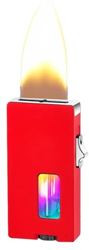 Briquet au butane - Détection de gravité - Flamme douce extra large - Coupe-vent - Fenêtre d'air transparente visible - Avec fermeture de sécurité - Carburant rechargeable (butane non inclus) - Rouge