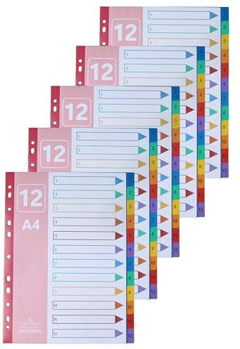AMO HERMOSO 5-pack Plastavdelare A4, Registerflikar med 12 Flikar Numrerade 1-12, Sifferindelade Pärmregister för Ringpärm, Kontor, Skola & Dokumentorganisation