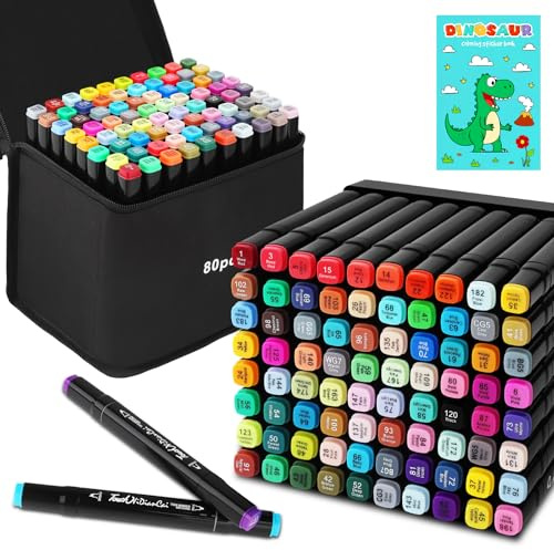 USHOP Marcatore 80 Colori,Pennarelli ad Alcool,Pennarelli Punta Doppia,Marcatore Set con Borsa e Distanziatore,Con libro da colorare,per Colorazione Scrivere e Disegnare,per Bambini e Adulti