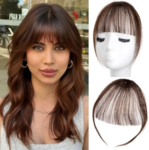 Clip-in-Haarverlängerung, 100% Echthaar, französischer Pony, für Damen, Kunsthaarverlängerung, Pony mit Bügeln (Medium Brown2)