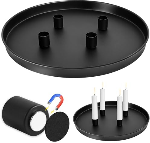 Gucass Magnet Kerzentablett für Advent Ø 30,5 cm mit 4 magnetischen Metall Kerzenständer Weihnachten Stabkerzenhalter Adventskranz Deko Tablett Festtags Kerzen Ständer, Farbe Schwarz