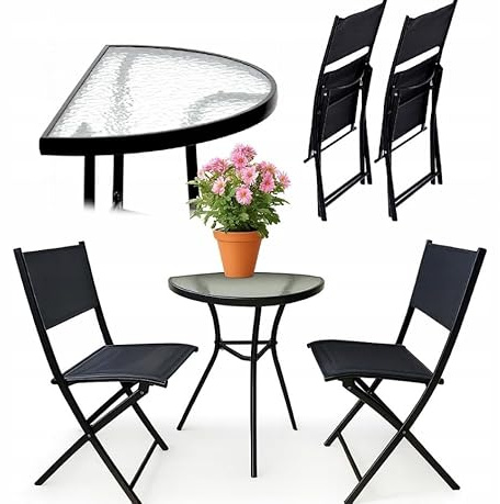 BDW Juego de muebles de balcón, mesa de cristal de 70 x 40 cm con 2 sillas plegables, perfecto para espacios pequeños, terraza, balcón, parcela, color negro