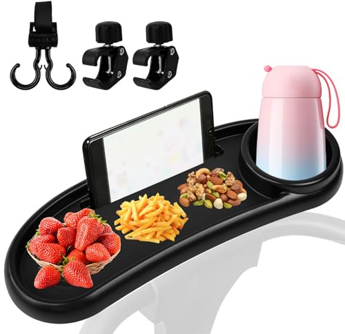 UHETLET Bandeja para Cochecito de Bebe, 3 en 1 Bandeja para Carrito Bebe para Aperitivos, Organizador de Cochecito con 2 Ganchos, Giratorio 360° Soporte para Cochecitos Bebe, Portabebidas para Carrito