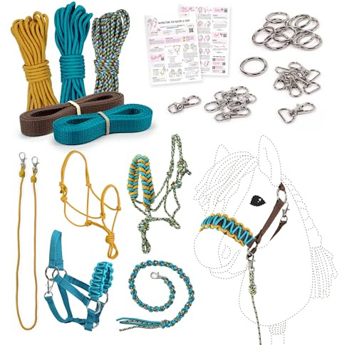 kullaloo DIY Hobby Pferde Halfter Kit ✦ Machen Sie Stick Pferdekopfhalsbänder, Seilhalfter & Zügel ✦ Inklusive Anleitung ✦ Blaugrün/Senf
