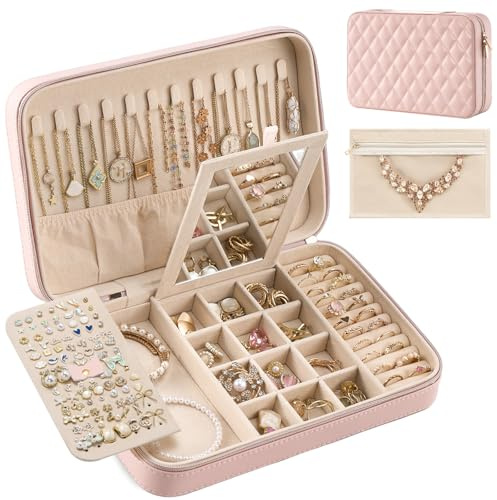 Lolalet Travel Jewelry Case for Women Girls, Travel Jewelry Organizer Box with Mirror & Clear Storage Bag, Small Portable Earring Necklace Bracelet Ring Case, Birthday Valentine Gifts -Large, Pink